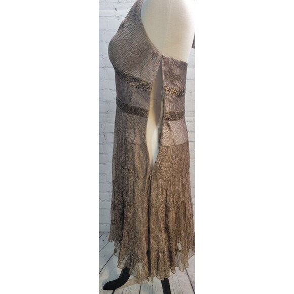 Vintage Cache Womens Halter Dress Size 10 Bronze Metallic Crinkled Silk Beaded - Picture 6 of 10